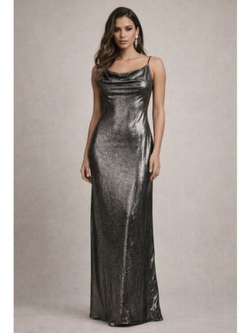 Jessica Simpson Metallic Silver Spaghetti Strap BodyCon Maxi Dress - Picture 9 of 9